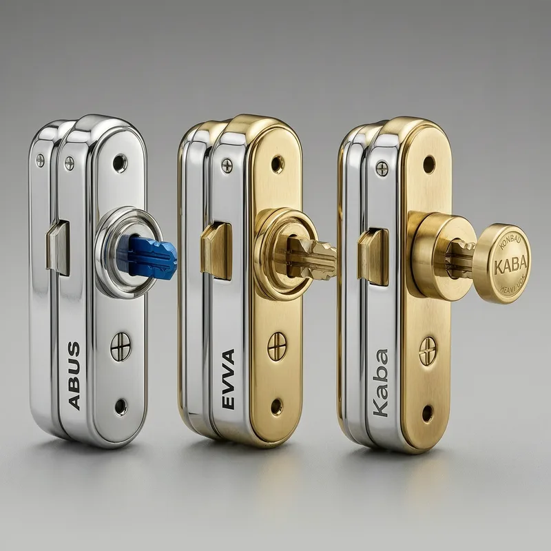 Three premium door lock cylinders from ABUS, EVVA, and Kaba brands displayed side-by-side on a neutral background, showing their distinctive designs and construction quality