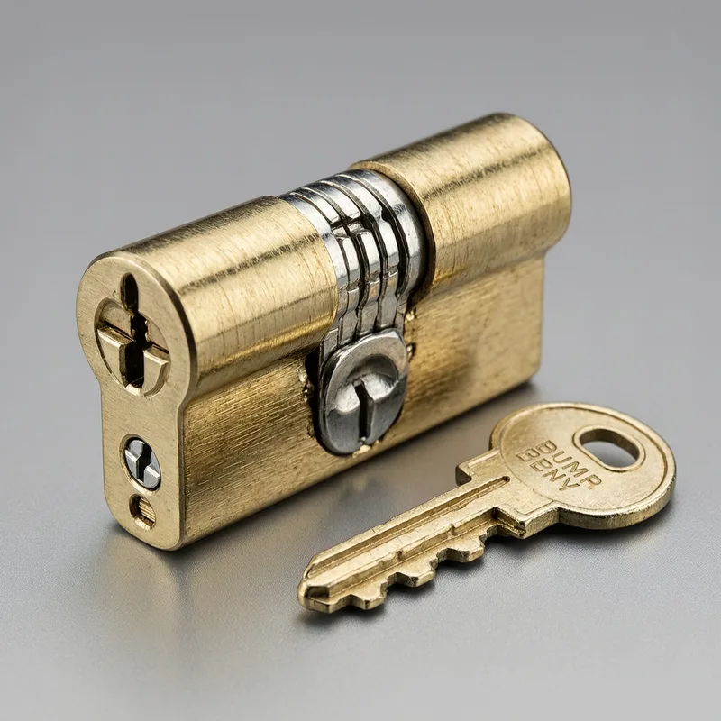 Professional locksmith examining an anti-bumping lock cylinder with tools, demonstrating DIN certification marks on a modern residential door lock in Germany