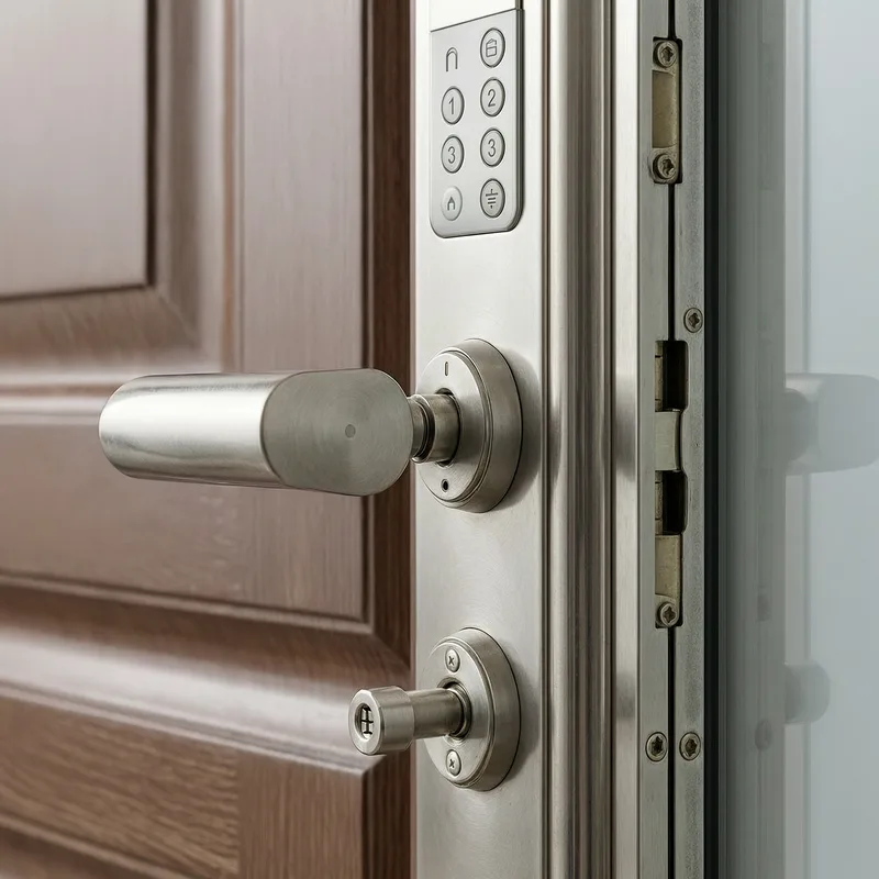 German apartment building steel entrance door with modern DIN-certified lock and electronic intercom system, showing proper frame installation and weather sealing