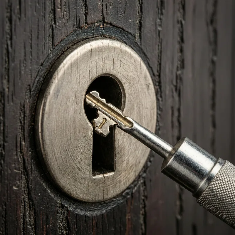 Professional locksmith using specialized key extraction tools to safely remove a broken key fragment from a German cylinder lock
