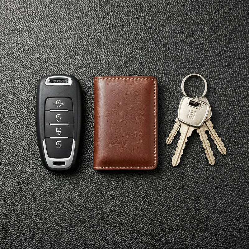 Professional locksmith using specialized tools to safely open a locked car door without damage, in a parking lot setting