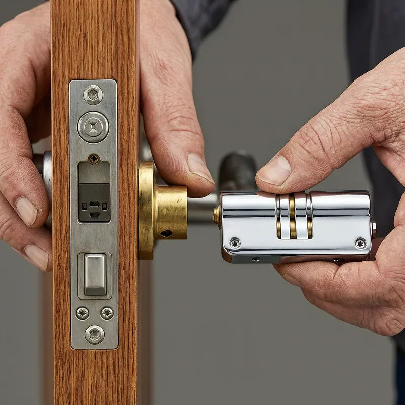 Professional locksmith installing a new security cylinder into a German apartment door, demonstrating proper lock replacement technique