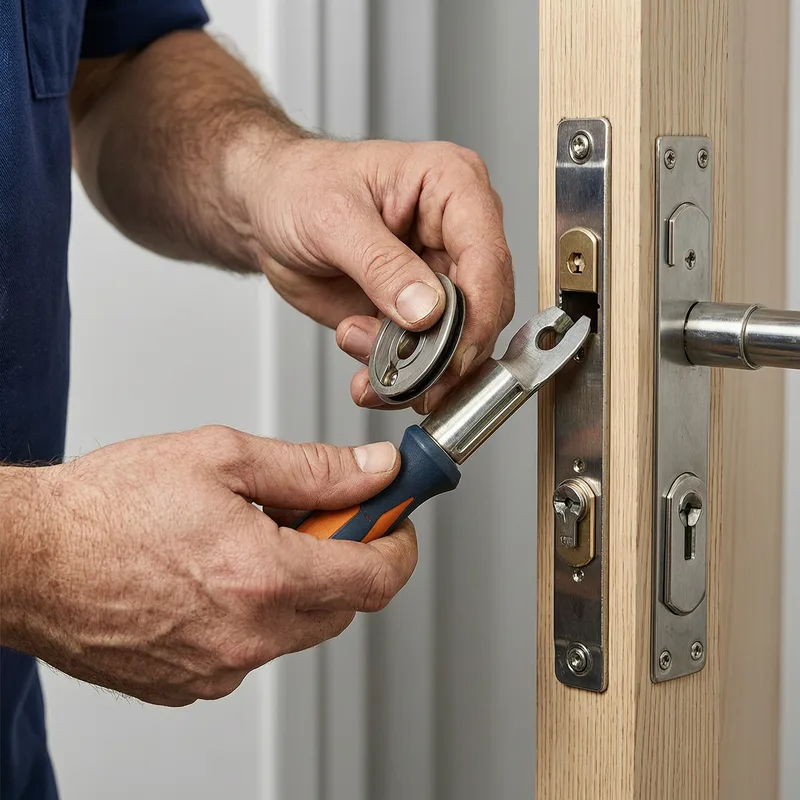 Professional locksmith changing an apartment lock in Germany, holding tools and new security cylinder near wooden door
