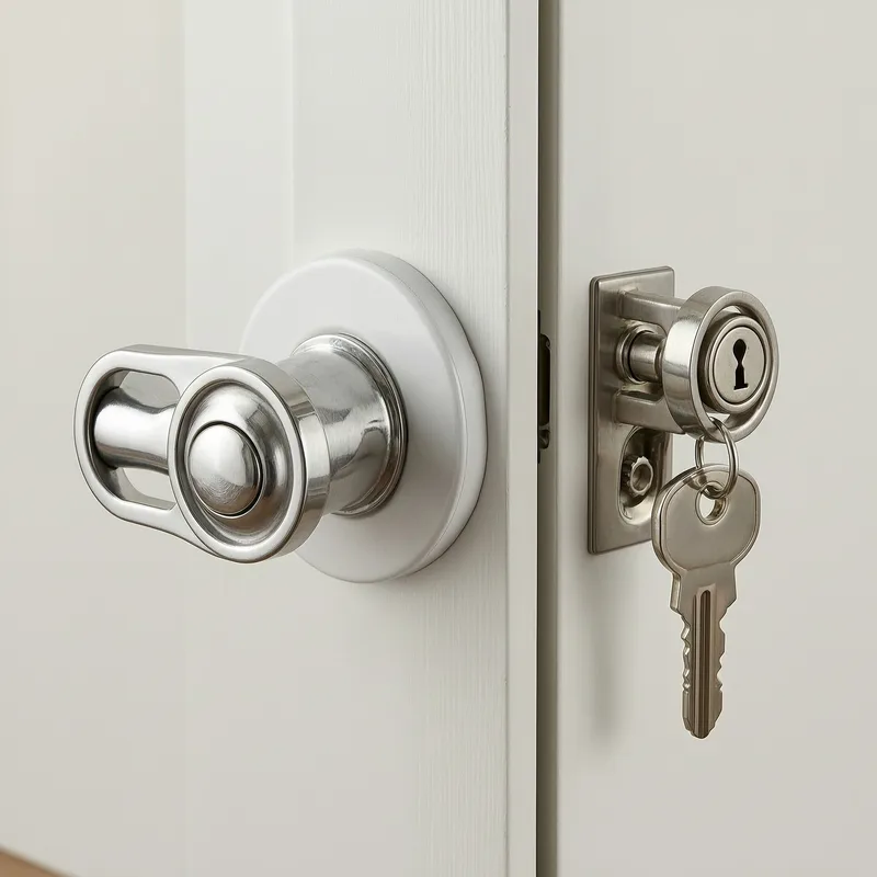 Professional German locksmith installing a secure safety gate on a residential staircase, demonstrating childproof locking mechanism in a modern German apartment
