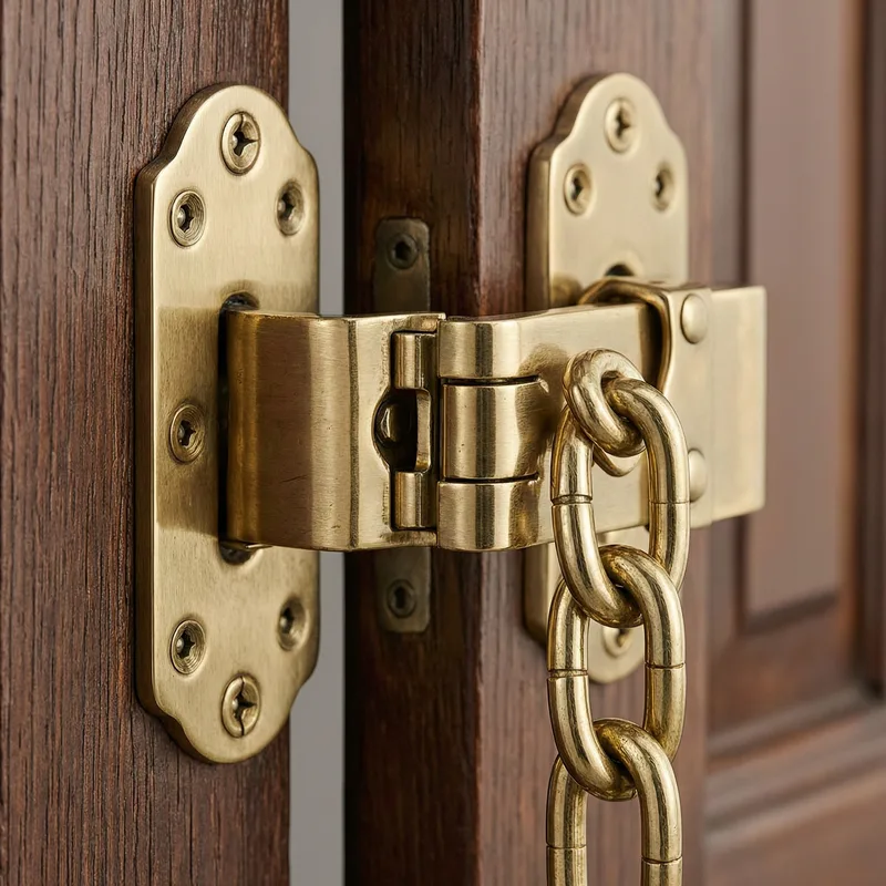 Professional door chain and guard installation on a German residential apartment door, showing ABUS certified security hardware