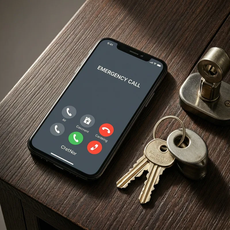 Professional locksmith in uniform using specialized tools to open a residential door lock safely during an emergency callout in Germany