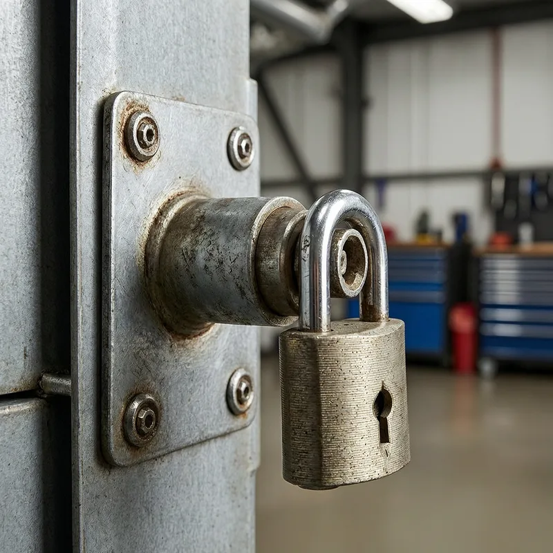 Professional locksmith inspecting a modern sectional garage door in a German residential property, checking door alignment and security mechanisms