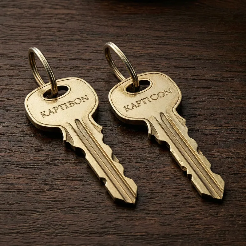 Close-up of a silver house key on a wooden table with a set of spare keys in the background, representing landlord key rights and tenant privacy in German rentals