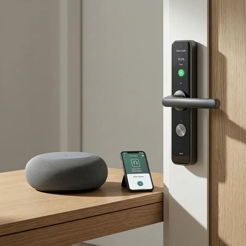 Professional locksmith installing a DIN-compliant smart door lock on a German apartment door, with tools and certification visible
