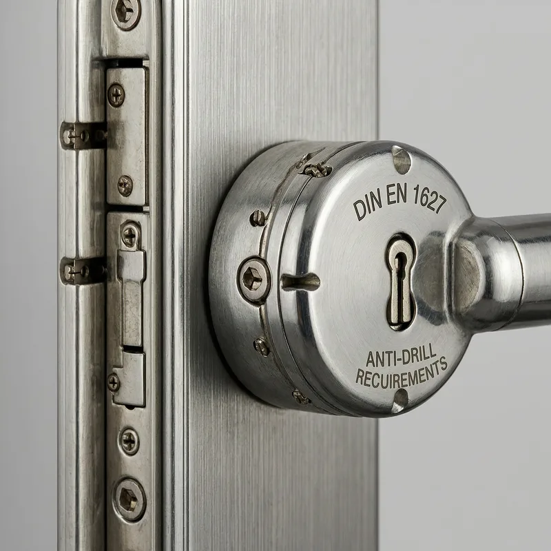 Professional locksmith inspecting and testing a DIN-certified door lock on a German residential apartment entrance