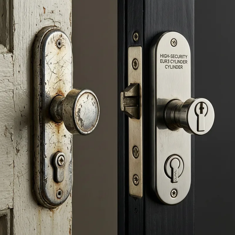 Professional locksmith in protective gear installing a modern cylinder lock on a residential German door, with security tools visible on workbench