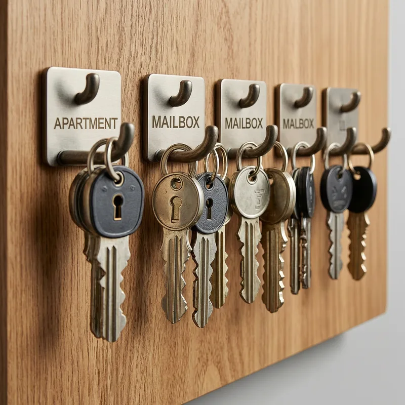 Professional locksmith arranging and organizing multiple labeled house keys in a secure wall-mounted key cabinet, demonstrating proper key management system