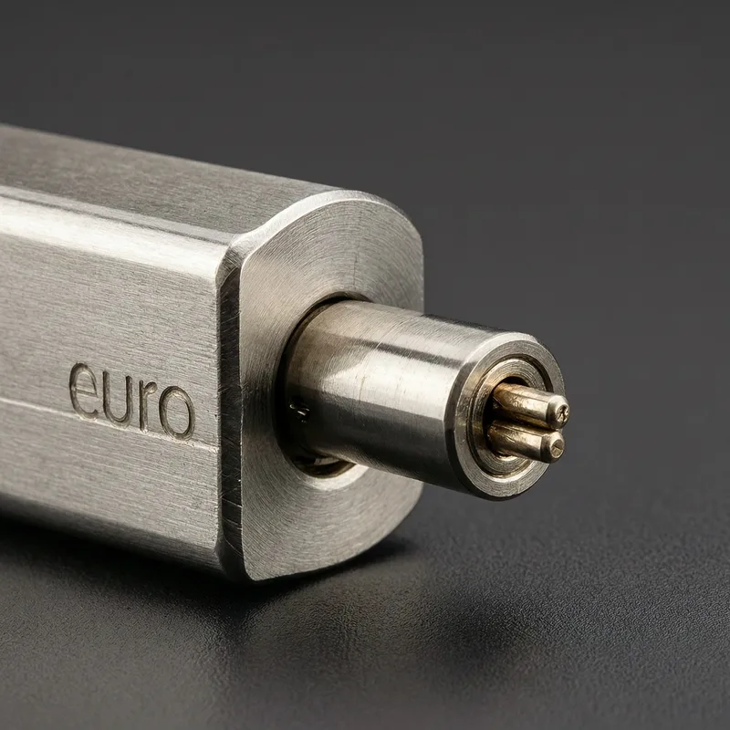 Close-up of a German certified lock cylinder showing the PTR test mark and security level stamp on polished metal