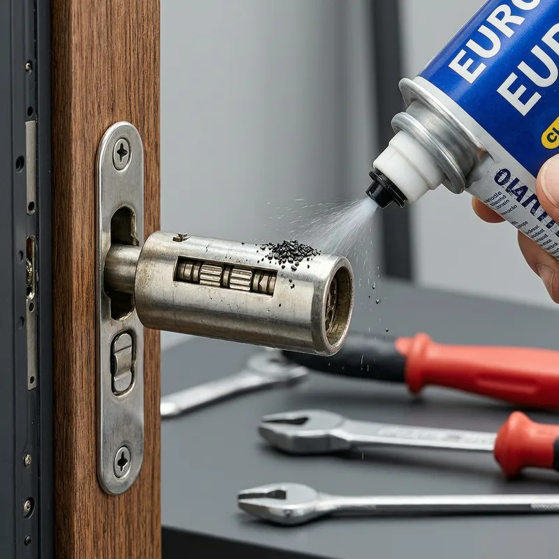 Professional locksmith applying silicone lubricant to a modern German door lock cylinder with a precision applicator