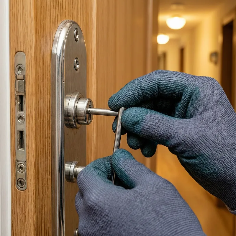 Professional locksmith in uniform using specialized tools to safely open an apartment door lock without damage, demonstrating proper entry technique.