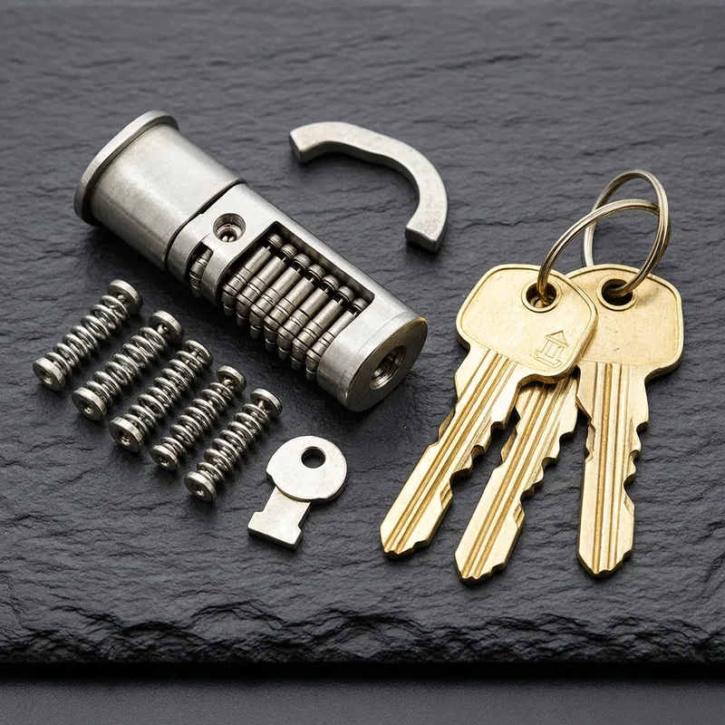 Professional locksmith in uniform using tension wrench and pick tools to open a German residential door lock with precision