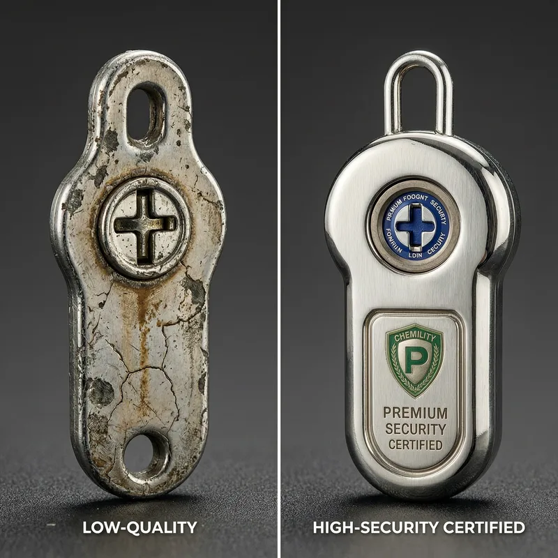 Close-up view of a professional locksmith examining a residential door lock with assessment tools, representing transparent and fair locksmith service practices.