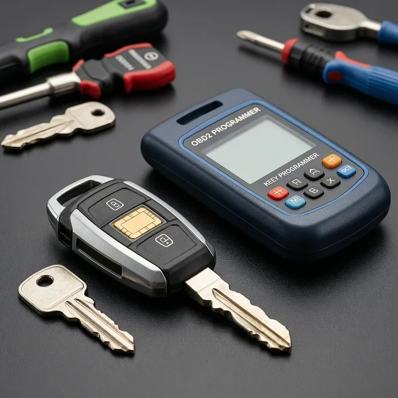 Professional locksmith working on a car door lock with specialized tools, assisting an English-speaking customer with a lost car key replacement in Germany