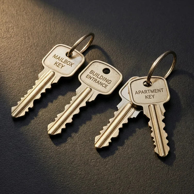 Landlord and tenant examining apartment locks during move-out inspection with documentation clipboard