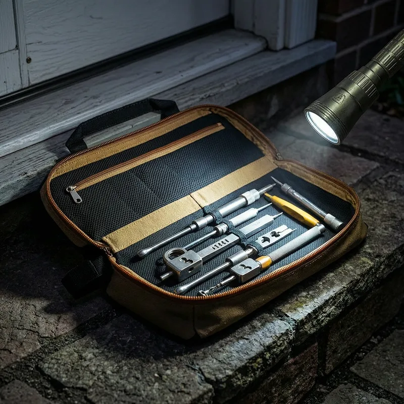 Locksmith with emergency kit responding to urgent nighttime call at residential entrance