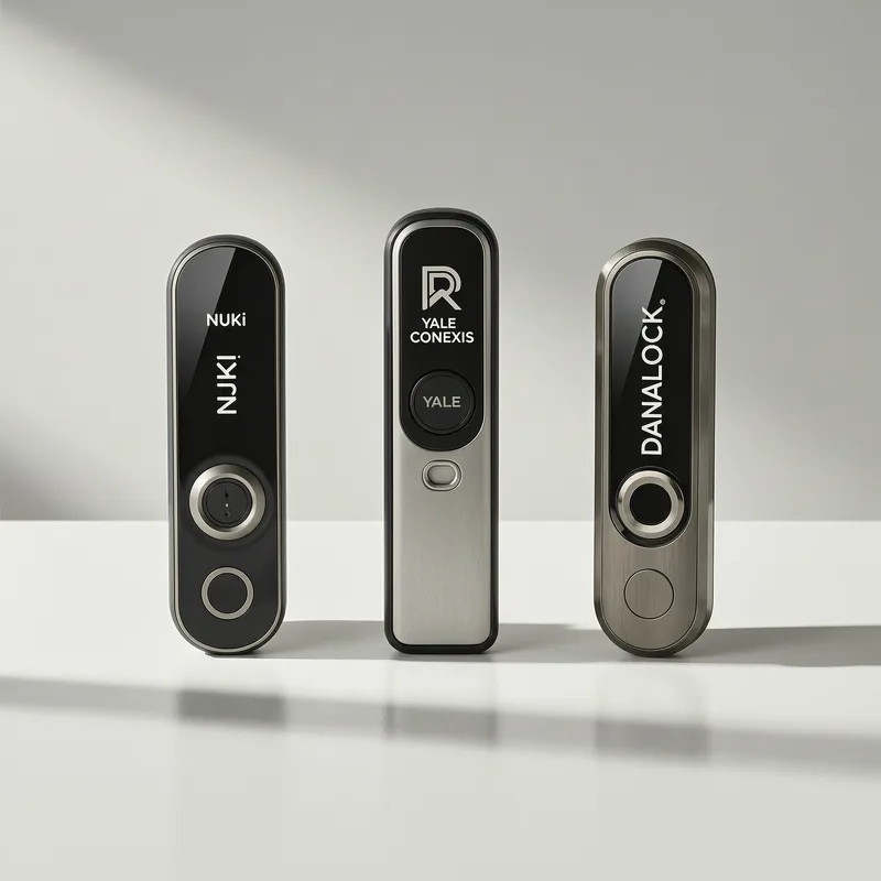Three modern smart lock cylinders displayed side by side: Nuki, Yale, and Danalock mounted on a German DIN-standard wooden door interior, showing encryption and Bluetooth connectivity features.