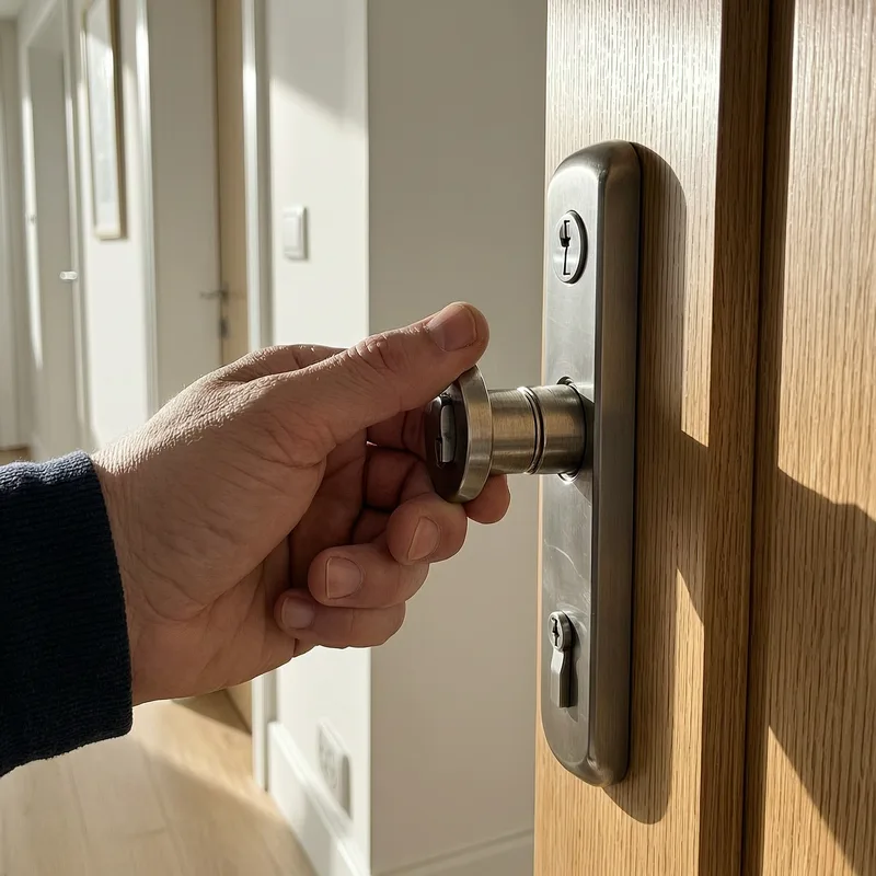 Professional locksmith inspecting a German residential door lock and security mechanism during property viewing