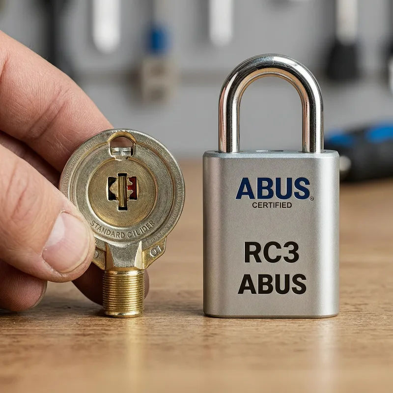 Professional locksmith installing a certified RC 3 lock cylinder into a reinforced German apartment door frame