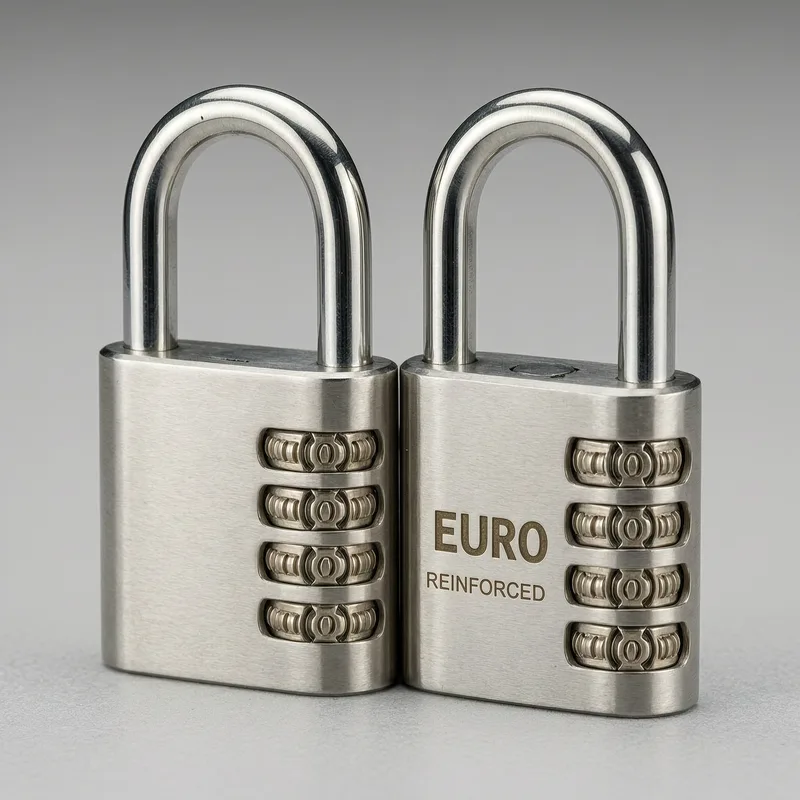 Close-up of a modern German residential door lock showing cylinder and surrounding metal reinforcement, representing RC-class security standards