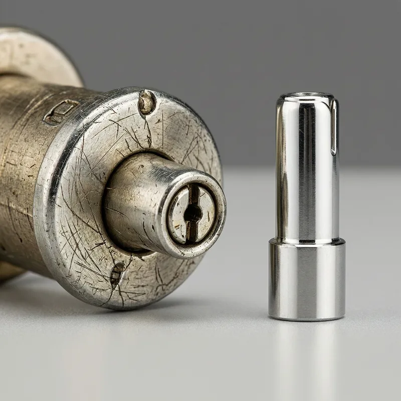 Close-up of a damaged apartment door lock with visible wear, showing the lock cylinder and bolt mechanism on a German-style apartment entrance