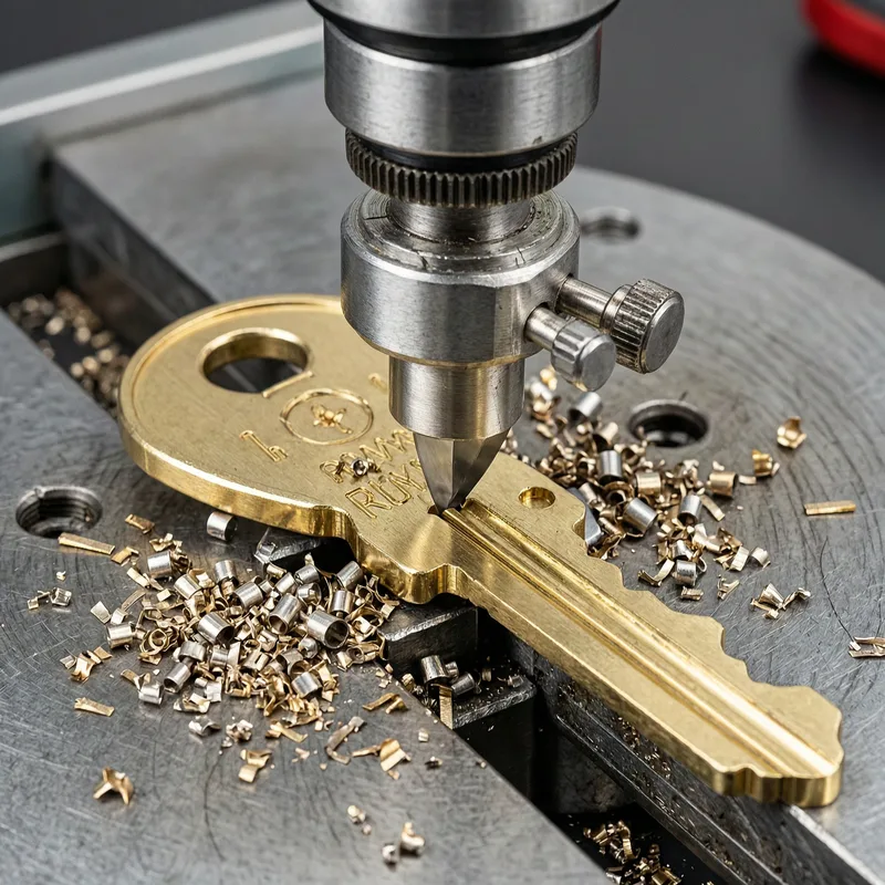 Professional locksmith in Germany creating a replacement house key using a modern key-cutting machine, with various keys and lock cylinders on the workbench