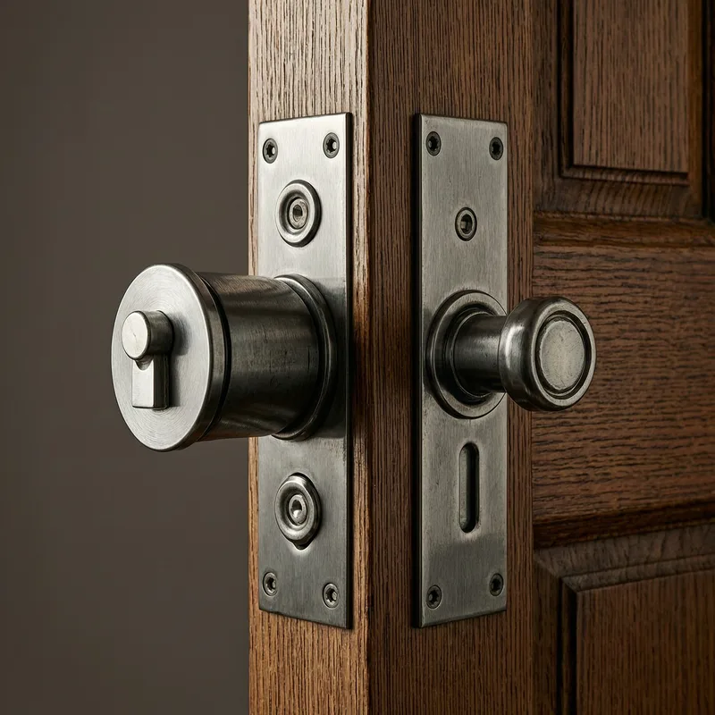 Professional locksmith securing a residential door with certified German security lock during home inspection