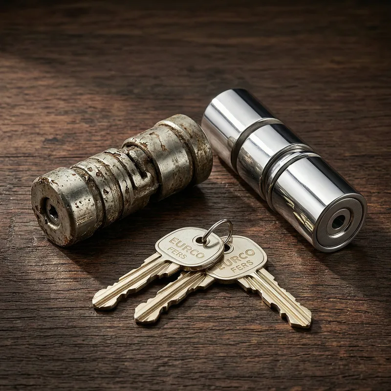 Professional locksmith examining a rental apartment door lock with tenant approval document visible