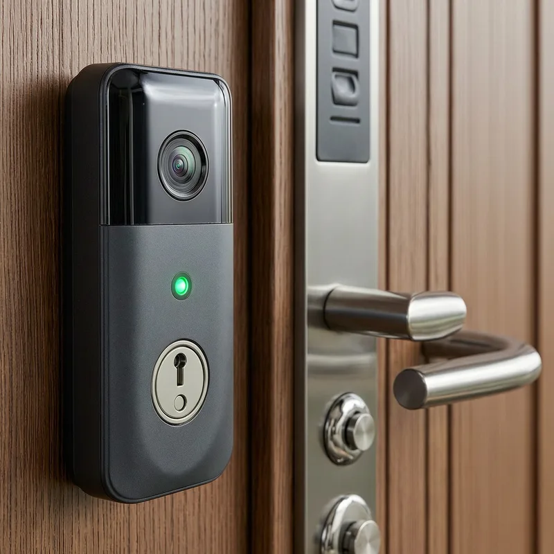 Professional locksmith installing a smart doorbell camera on a German apartment entrance door, with privacy warning sign visible