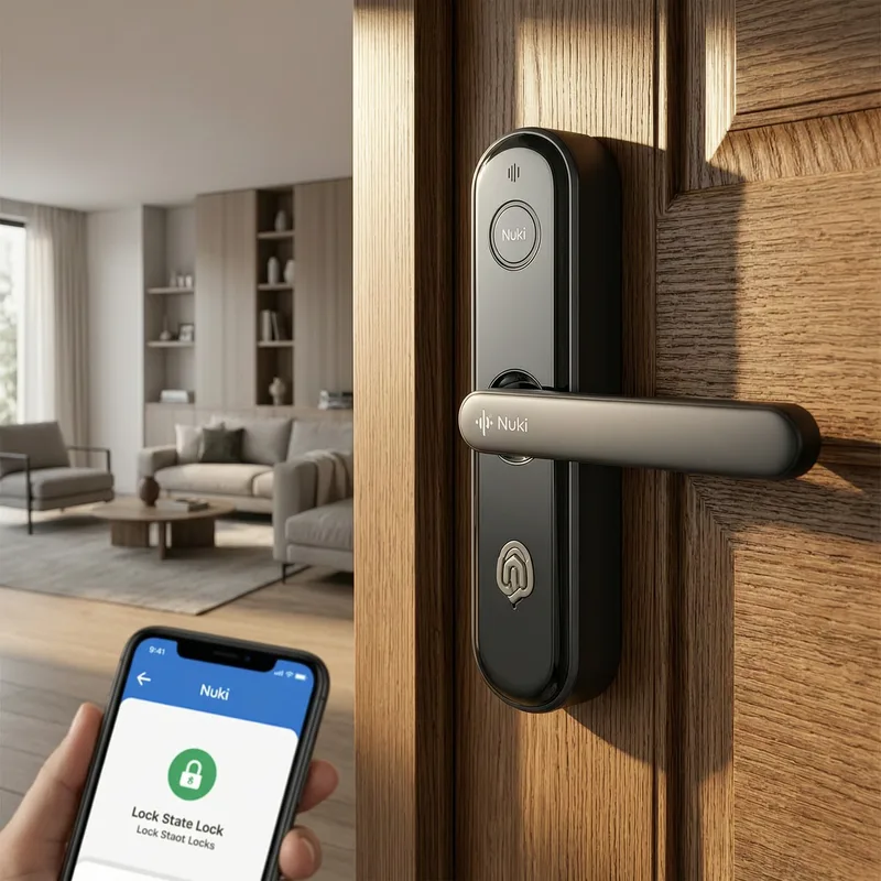 Modern smart lock installed on a German apartment door with visible keypad, representing secure digital access for international residents