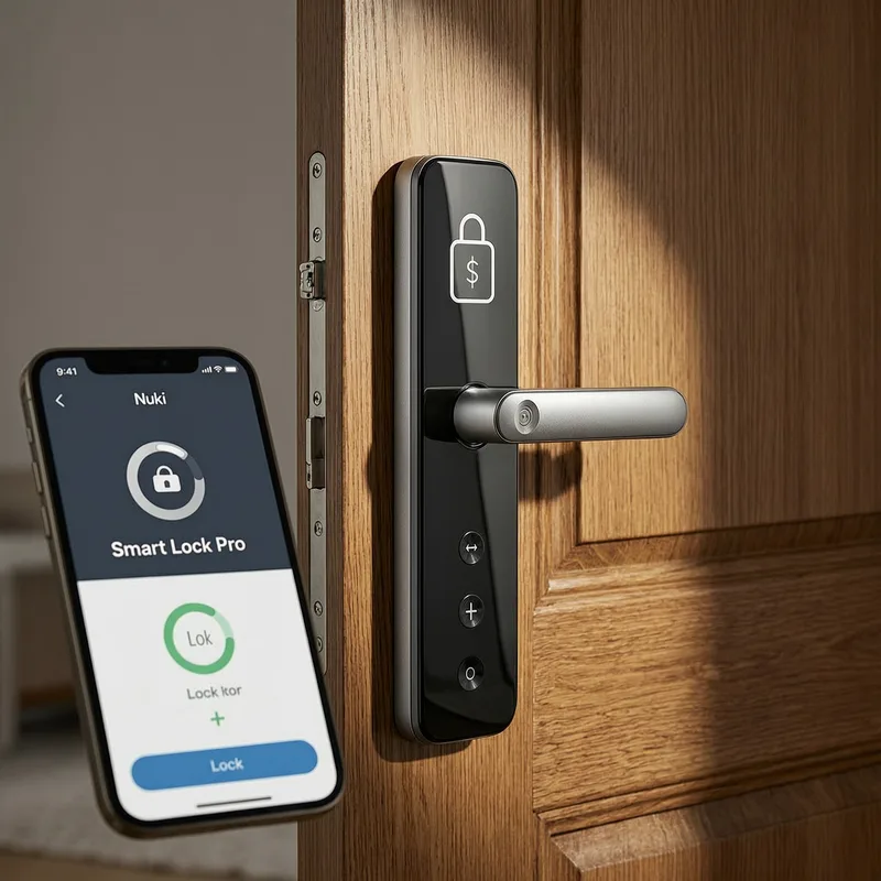 Professional locksmith installing a modern smart lock on a German apartment door with DIN-compliant frame, showing battery-powered electronic deadbolt attachment