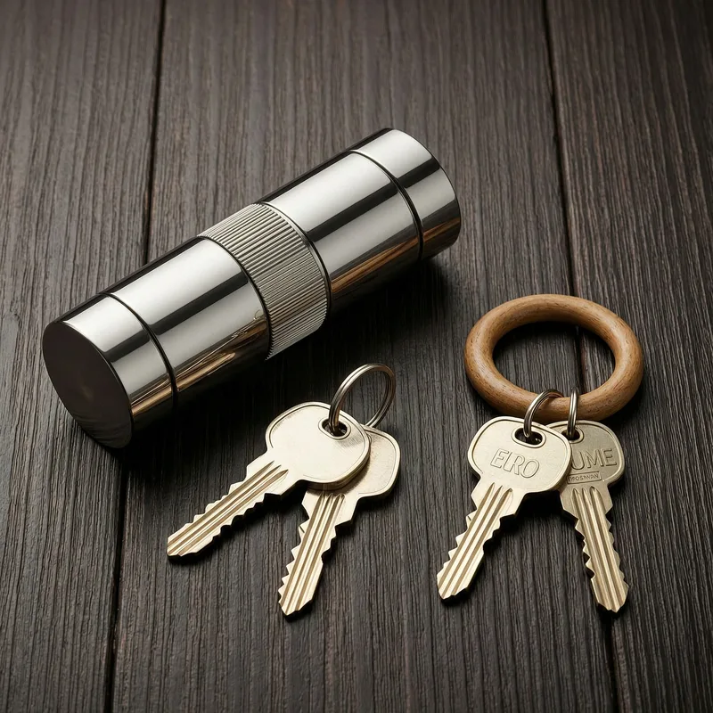 Locksmith examining a rental apartment door lock in Germany, showing professional inspection of lock mechanism and security features