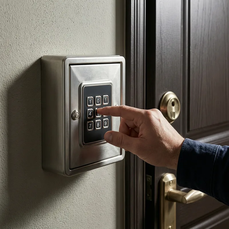 Professional locksmith examining a DIN-standard cylinder lock on a German apartment door, with security assessment tools visible