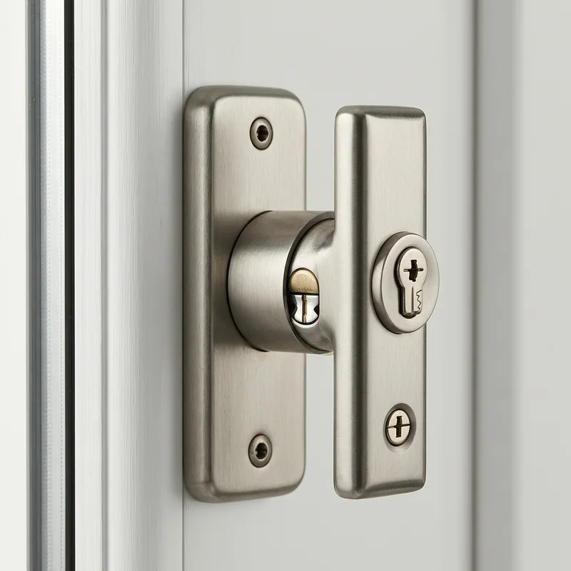 Close-up of a modern German Drehkipp window lock (tilt-and-turn) with DIN RC2 security rating installed on a white window frame