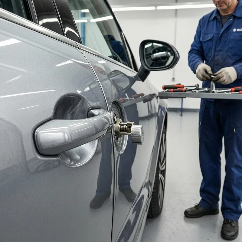 Certified locksmith opening a car door from the outside using damage-free techniques