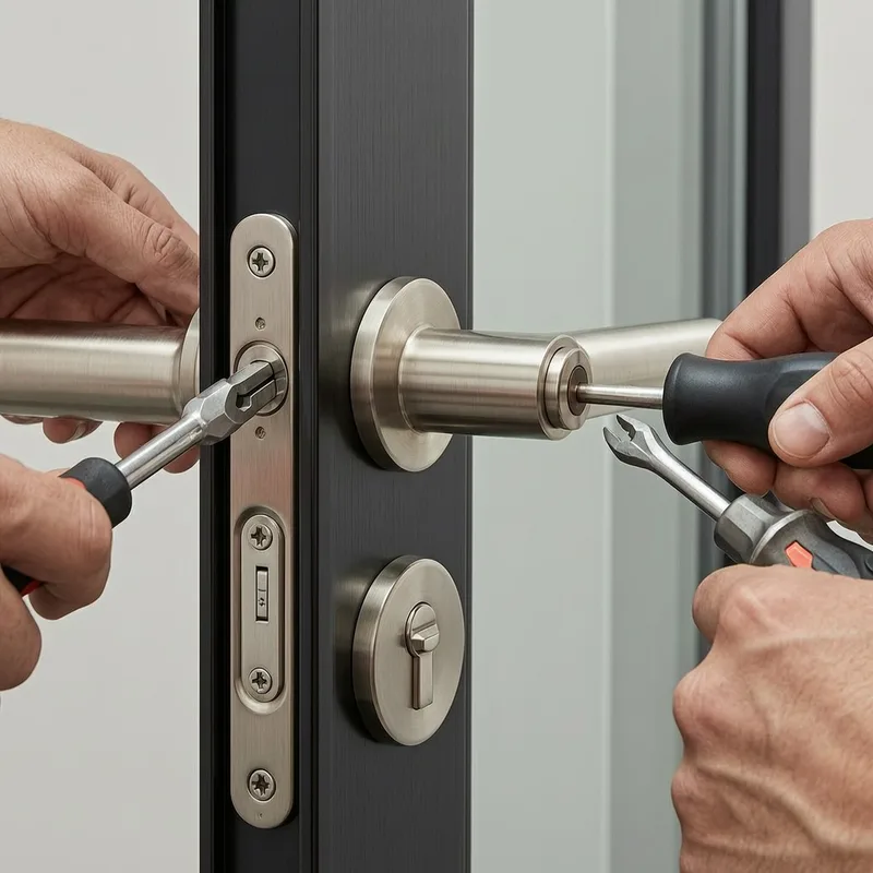 Close-up of a new DIN-certified cylinder lock being installed into a Berlin apartment door frame