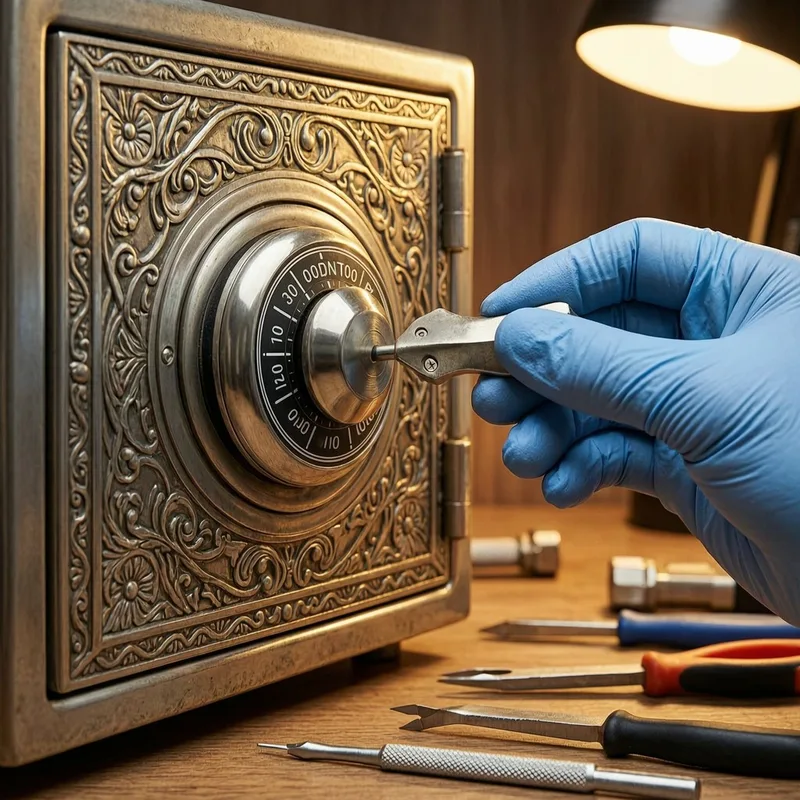 Technician using specialized lock manipulation tools on a wall-mounted safe